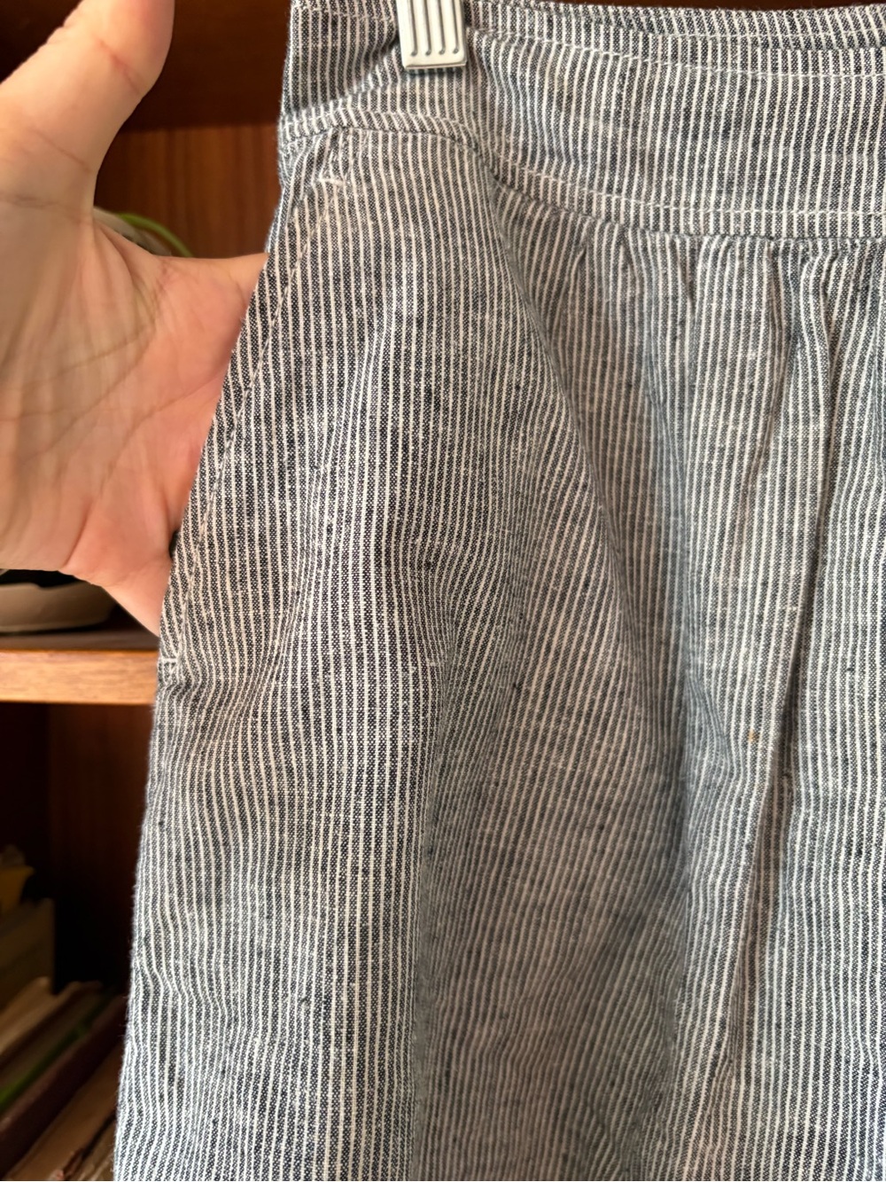 Eileen Fisher Gray and White Pinstripe Hemp & Organic Cotton Knee-Length Skirt